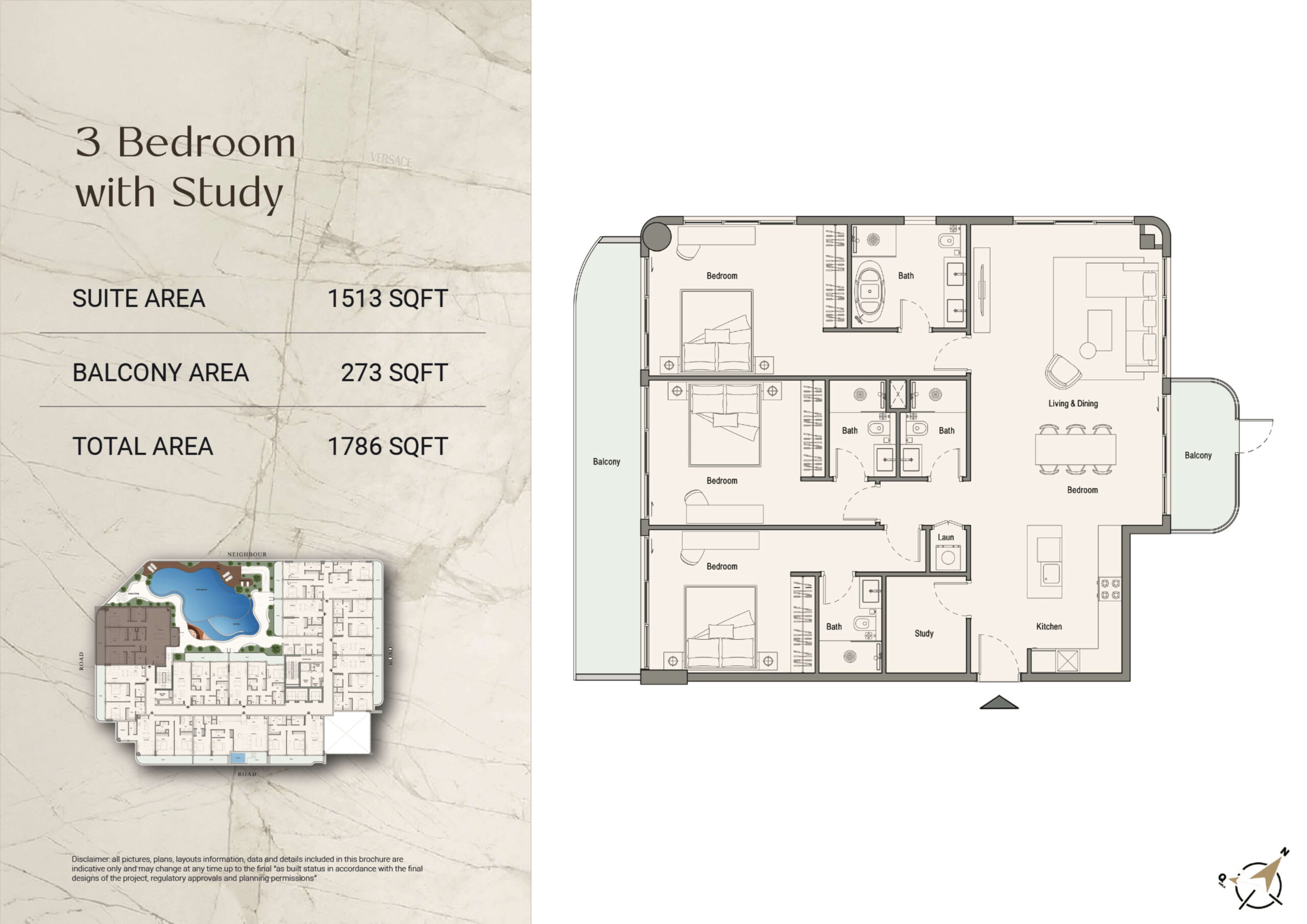3 Bedroom + Study floor plan — 113 Residences by Iman